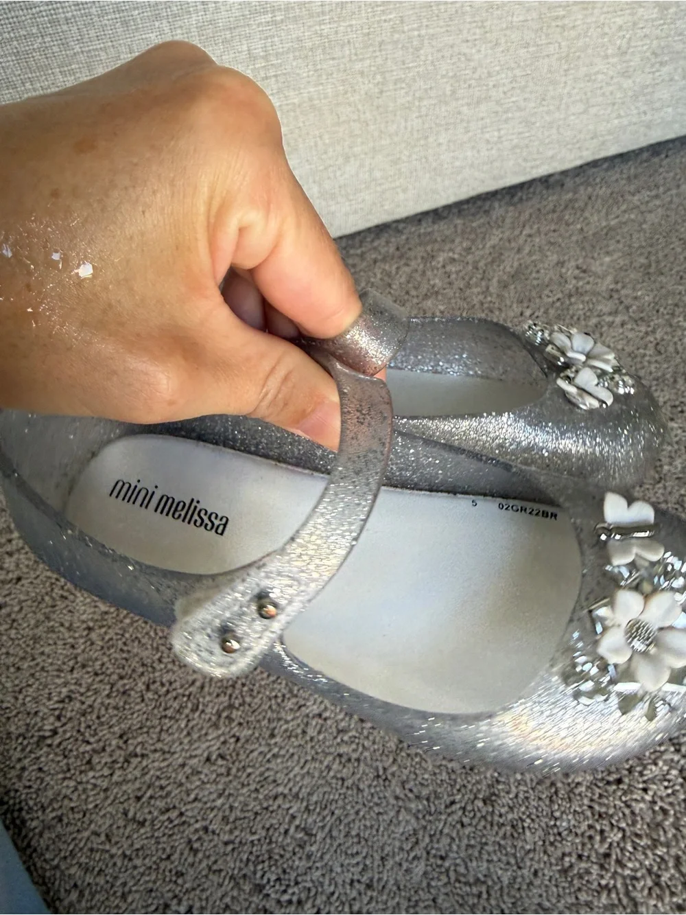 Mini Melissa Silver Glitter Mary Jane Shoes with Flower Accents